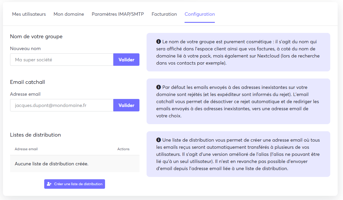 Image de l'option Email catchall dans le menu Configuration
