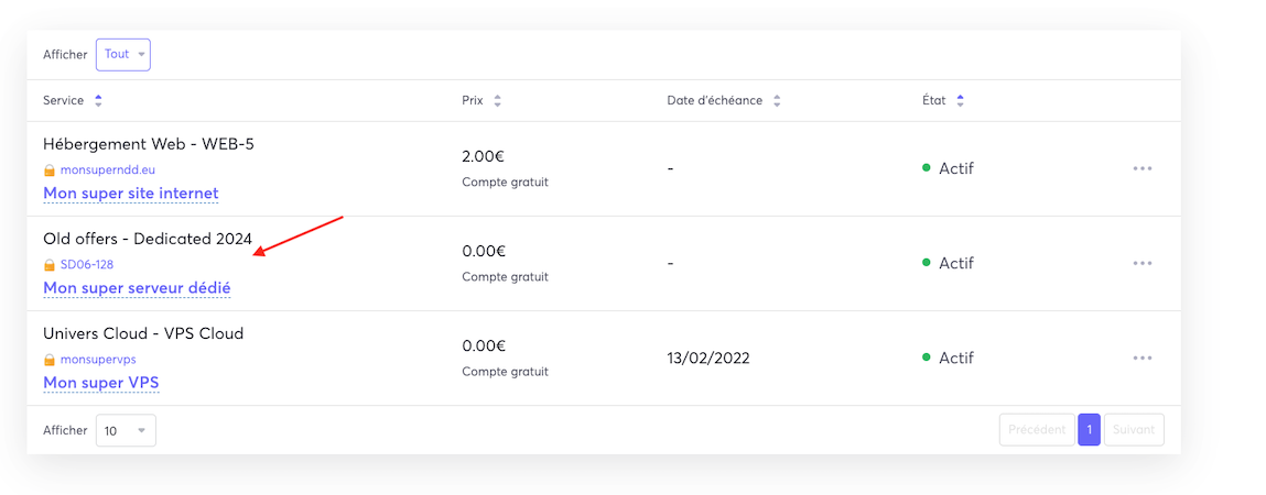 La liste de vos services