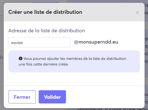 Image de la fenêtre de création de la liste de diffusion