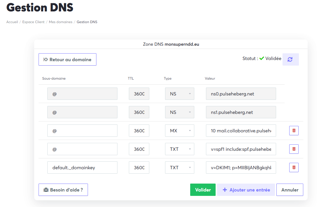 Image de la configuration des enregistrements MX, SPF et DKIM
