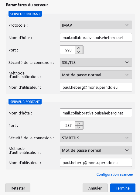 Second écran de configuration email